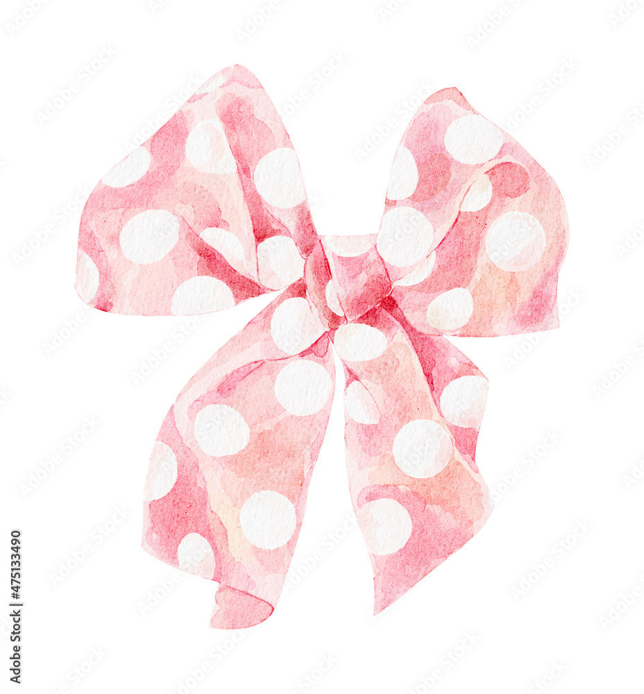 Watercolor pink bow with white peas isolated on white background. Watercolor pink bow with white peas isolated on white background.