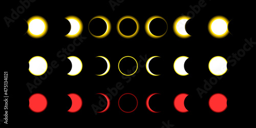 Moon and Sun eclipse phase set. Solar and Lunar yellow and red stages collection.