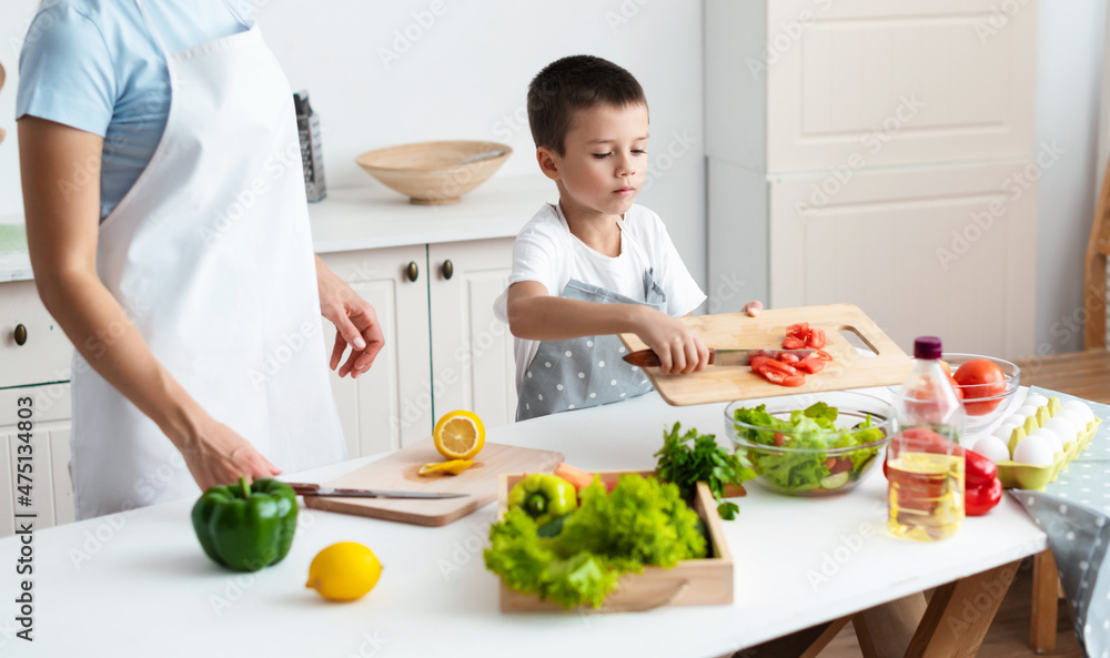 child unaided is cooking salad mixing ingredients of bowl at kittchen child unaided is cooking salad mixing ingredients of bowl at kittchen