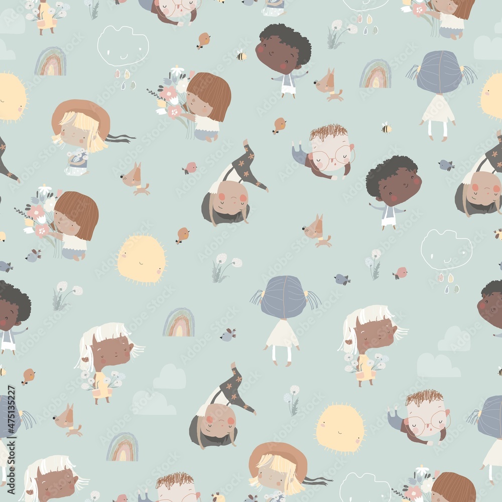 Fototapeta premium Seamless Pattern with Happy Children enjoying Spring