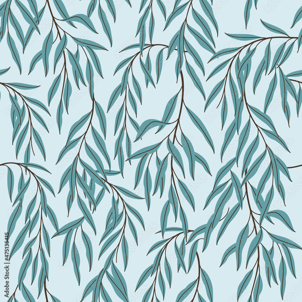 Branch of willow tree. Trendy pattern with twig. Flat colour vector illustration.