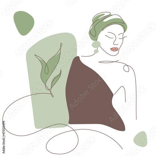 African, American woman or young girl silhouette with hair wraps and simple shapes, green leaves. Vector illustration in flat design
