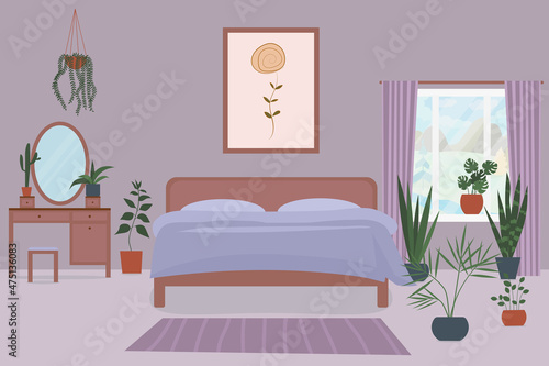 Cozy bedroom interior in trendy color very peri. Vector illustration in a flat style.