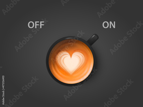 Vector 3d Realistic Off, On Switch with Milk Foam Coffee in Black Ceramic, Porcelain Coffee Mug, Foam Pattern. Capuccino, Latte. Concept Creative Banner with Coffee Cup. Design Template. Top View