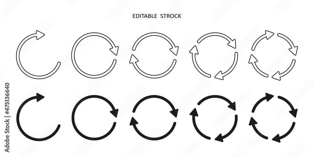 Set of circle arrow vector icons. Recycling icon. Circular vector arrows. Refresh and reload arrow icon. Arrows sign. Repeat cycle symbol. Infographic isolated on white background Set of circle arrow vector icons. Recycling icon. Circular vector arrows. Refresh and reload arrow icon. Arrows sign. Repeat cycle symbol. Infographic isolated on white background