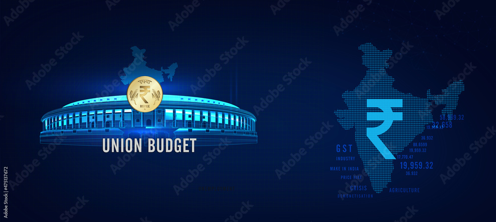 union budget illustration, with Indian map, Parliament and Indian rupee ...