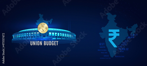 union budget illustration, with Indian map, Parliament and Indian rupee, Indian economy