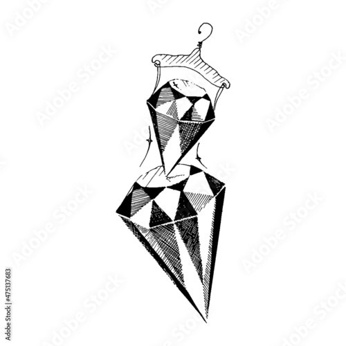 Set of diamonds in a graphic style, in the image of a female figure or dress on a trempel. Diamonds are girls' best friends inspiration from Merlin Monroe, jewelry store designs and women's jewelry gi