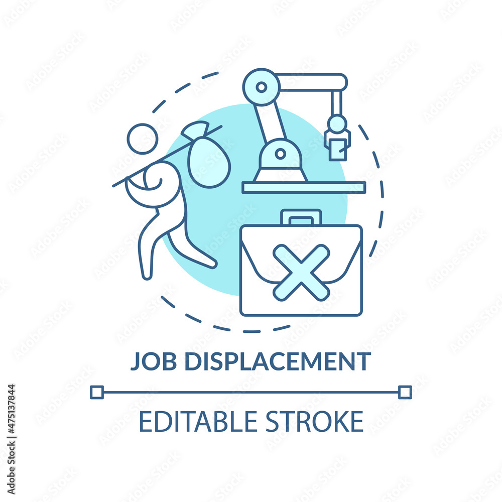 Job displacement blue concept icon. Negative automation impact on society abstract idea thin line illustration. Isolated outline drawing. Editable stroke. Roboto-Medium, Myriad Pro-Bold fonts used Job displacement blue concept icon. Negative automation impact on society abstract idea thin line illustration. Isolated outline drawing. Editable stroke. Roboto-Medium, Myriad Pro-Bold fonts used