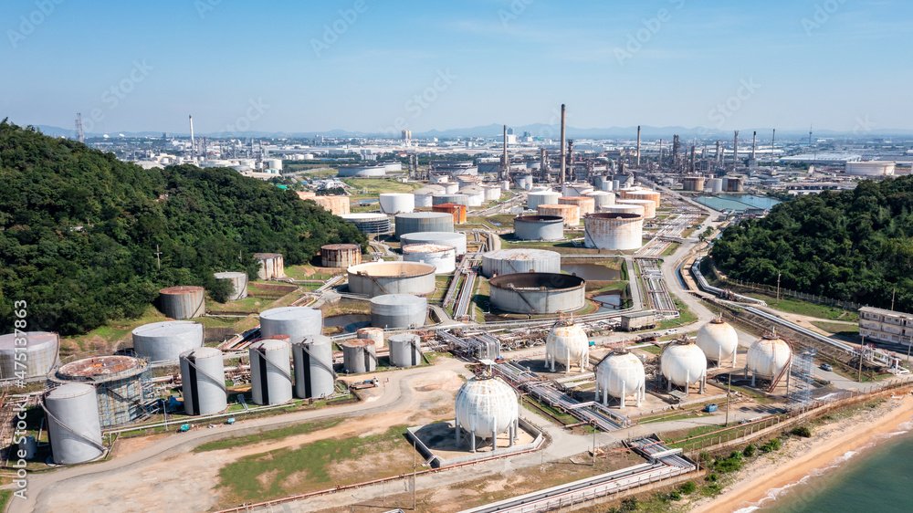 Oil refinery plant industry zone, Aerial view oil and gas petrochemical industrial, Refinery factory oil storage tank