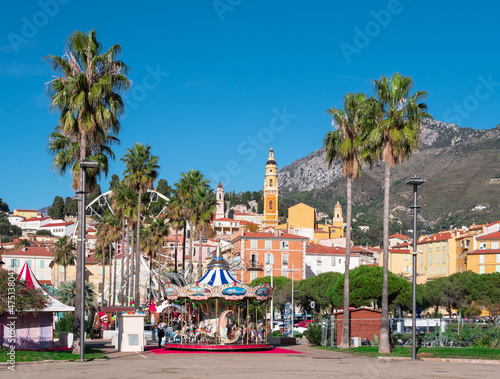Menton, France - December 6, 2021: Cityscape of Menton, famous mediterranean travel destination and tourist resort at Christmas time