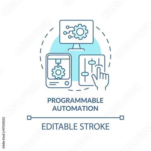 Programmable automation blue concept icon. Producing product in batches abstract idea thin line illustration. Isolated outline drawing. Editable stroke. Roboto-Medium, Myriad Pro-Bold fonts used