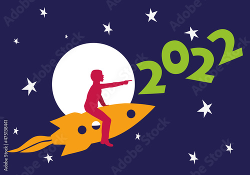 Carte de vœux féerique et imaginaire, avec la silhouette d’un enfant sur une fusée pointant du doigt l’année 2022, au milieu du ciel étoilé.