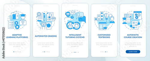 Automation of education blue onboarding mobile app screen set. AI walkthrough 5 steps graphic instructions pages with linear concepts. UI, UX, GUI template. Myriad Pro-Bold, Regular fonts used