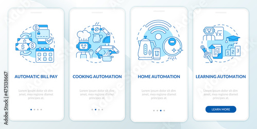 Everyday life automation blue onboarding mobile app screen. Auto system walkthrough 4 steps graphic instructions pages with linear concepts. UI, UX, GUI template. Myriad Pro-Bold, Regular fonts used