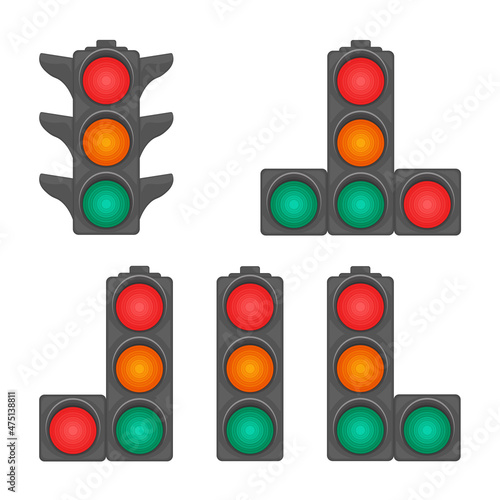Traffic lights with forbidding, permitting and waiting signs. A set of traffic lights with red, yellow and green signals. Equipment for traffic control. Vector illustration on a white background