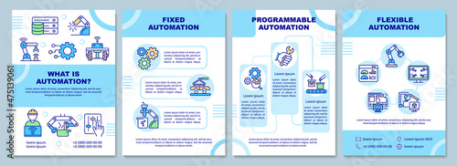 Automation types brochure template. Program and software. Booklet print design with linear icons. Vector layouts for presentation, annual reports, ads. Arial Black, Myriad Pro Regular fonts used