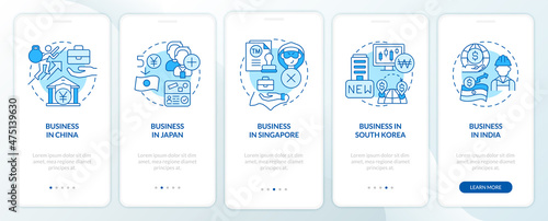 Best countries for doing business blue onboarding mobile app screen. Walkthrough 5 steps graphic instructions pages with linear concepts. UI, UX, GUI template. Myriad Pro-Bold, Regular fonts used