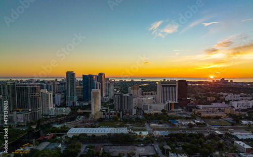 downtown fort lauderdale skyline during the sunrise from a drone