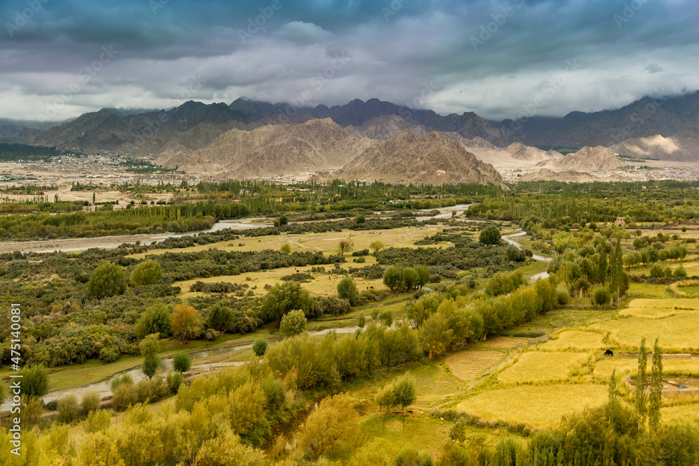 View of Leh city with distant Himalayan mountains with cloudy moody sky above, Leh , Ladakh, India View of Leh city with distant Himalayan mountains with cloudy moody sky above, Leh , Ladakh, India