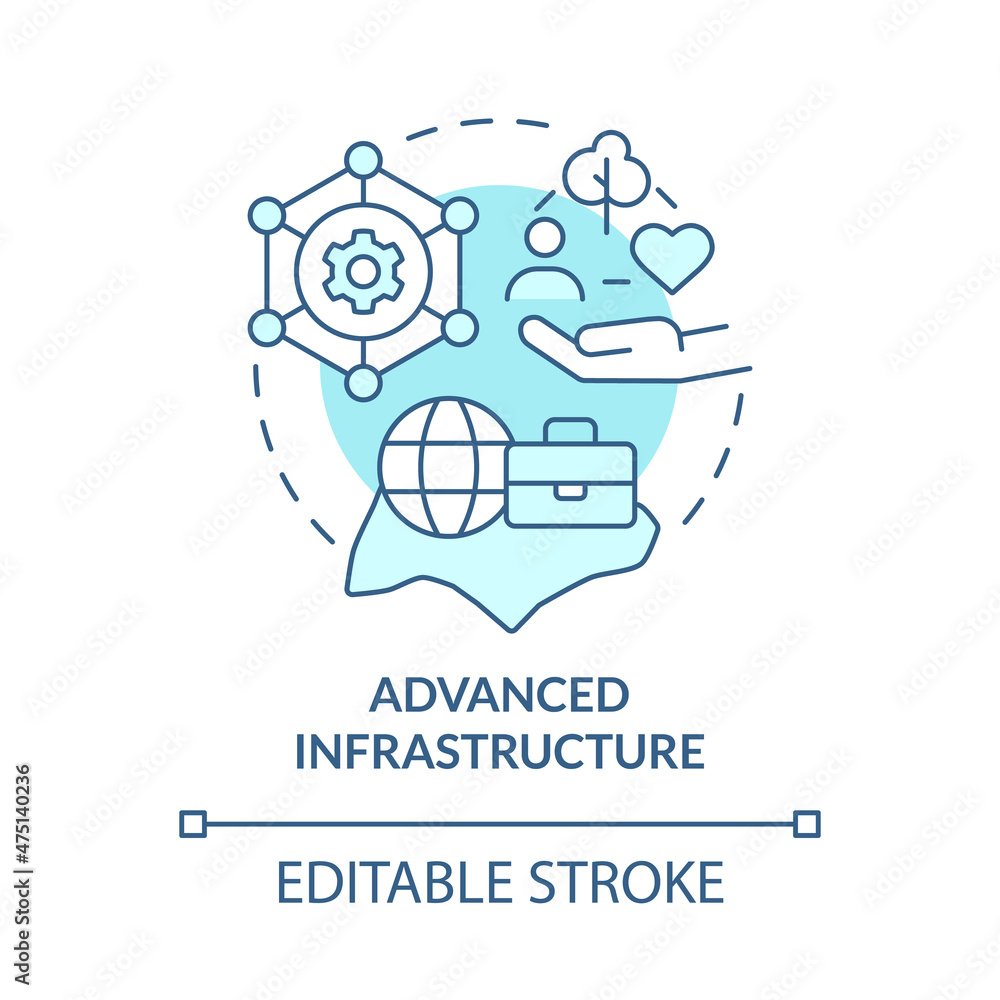 Advanced infrastructure turquoise concept icon. Well-equipped country abstract idea thin line illustration. Isolated outline drawing. Editable stroke. Roboto-Medium, Myriad Pro-Bold fonts used Advanced infrastructure turquoise concept icon. Well-equipped country abstract idea thin line illustration. Isolated outline drawing. Editable stroke. Roboto-Medium, Myriad Pro-Bold fonts used