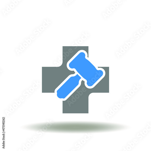 Vector illustration of medical or pharmacy cross with gavel. Icon of medical and pharmaceutical malpractice. Symbol of negligence and law.