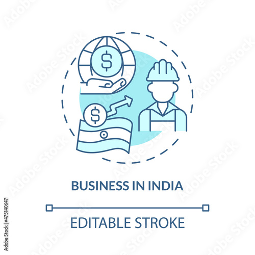 Business in India turquoise concept icon. Skilled workforce abstract idea thin line illustration. Stable economy. Isolated outline drawing. Editable stroke. Roboto-Medium, Myriad Pro-Bold fonts used
