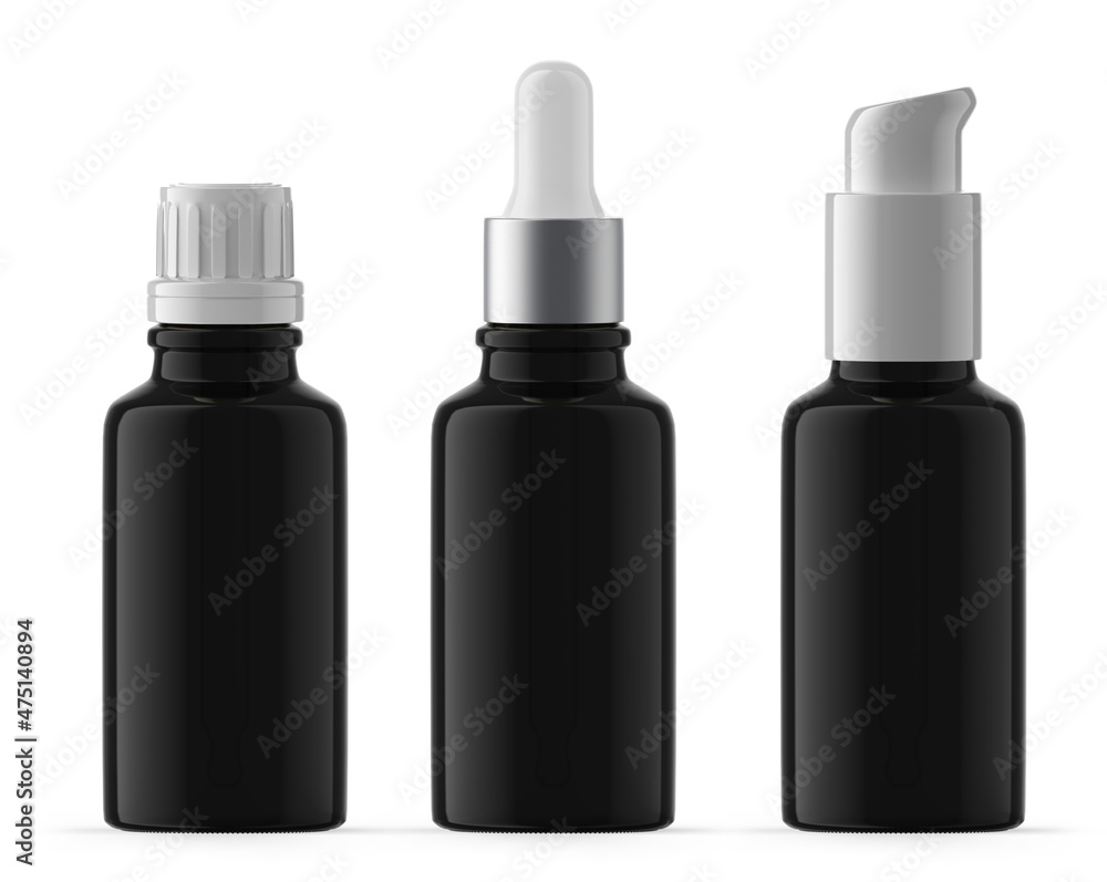 Set of 30ml Black UV Glass Bottles. Plastic Cap, Dropper Bottle and Pump. Isolated Set of 30ml Black UV Glass Bottles. Plastic Cap, Dropper Bottle and Pump. Isolated