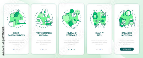 Right food for exercises green onboarding mobile app screen. Dieting walkthrough 5 steps graphic instructions pages with linear concepts. UI, UX, GUI template. Myriad Pro-Bold, Regular fonts used