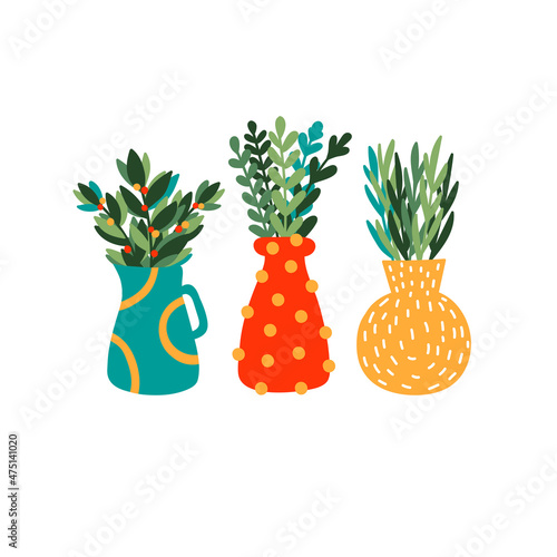 Ceramic vases with foliage cute vector icons set