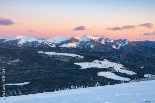 Pink sky and wonderful dusk light over the Vallières-de-Saint-Réal mountains ridge, Chic-chocs wildlife reserve, Gaspesie, QC, Canada