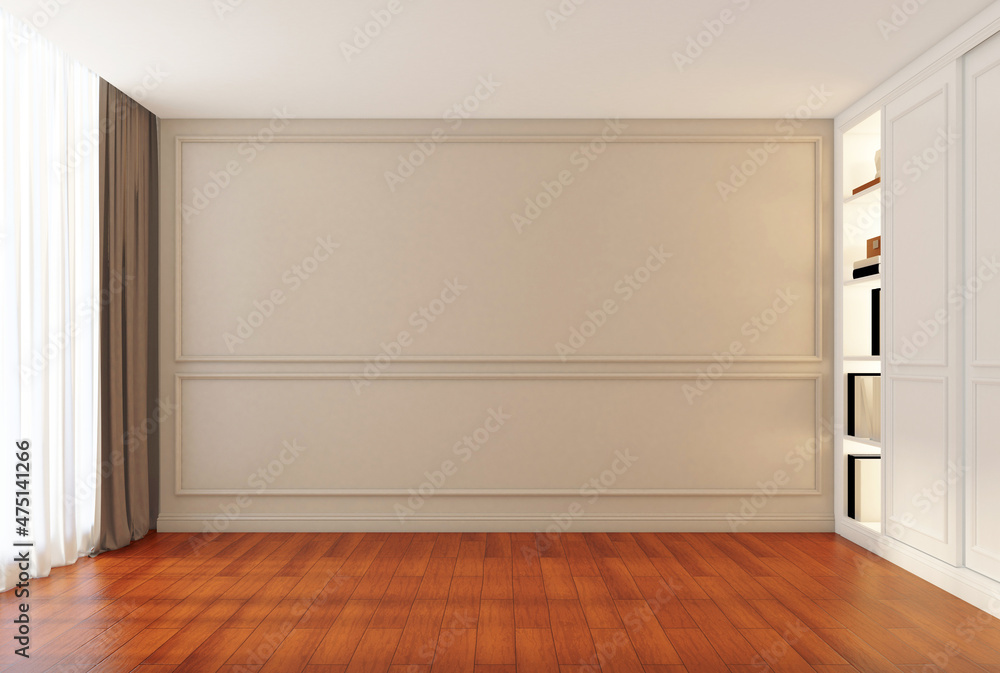 Modern luxury empty room with shelf and cabinet, wall cornice and wood floor. 3d rendering Modern luxury empty room with shelf and cabinet, wall cornice and wood floor. 3d rendering