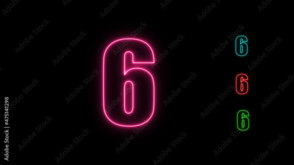 Neon numbers six glowing on an alpha channel background. number 6 glowing in the dark, neon light Neon numbers six glowing on an alpha channel background. number 6 glowing in the dark, neon light
