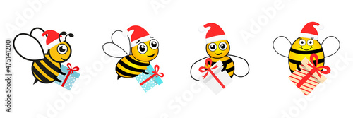 Bees characters holding surprises collection. Bumblebee set. Cute bee wear Santa hat and gift box. Merry Christmas concept. Vector isolated on white.