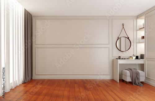 Modern luxury empty room with dressing table, wall cornice and wood floor. 3d rendering © Phongphan