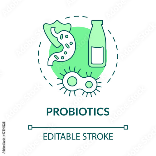 Probiotics green concept icon. Gut friendly products for wellbeing abstract idea thin line illustration. Isolated outline drawing. Editable stroke. Roboto-Medium, Myriad Pro-Bold fonts used