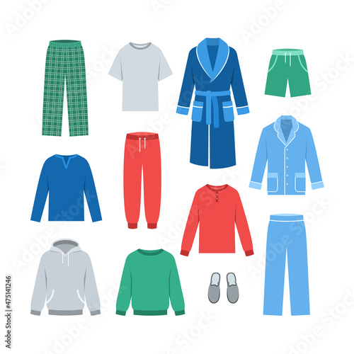 Men home clothes. Flat vector illustration. Comfortable loungewear garments to wear at home. Pants  shirts  pajamas and bathrobe  cozy sleepwear and slippers. Different male clothing for long weekends