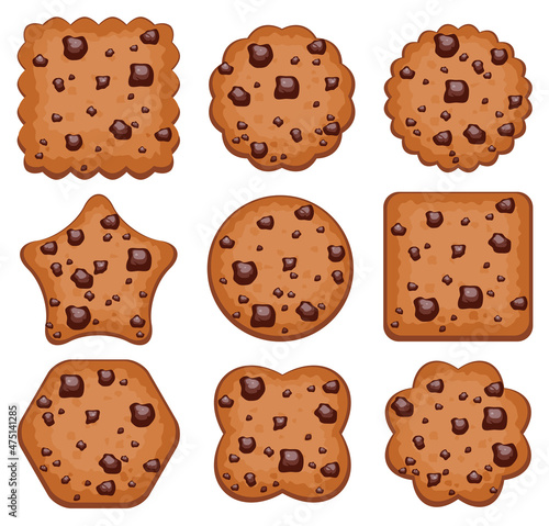 vector set of chocolate chip cookies of different shapes