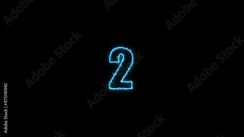 Neon numbers two glowing on an alpha channel background. number 2 glowing in the dark, neon light