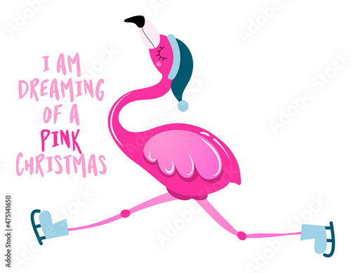 I am dreaming of a Pink christmas - Calligraphy phrase for Christmas with cute flamingo girl. Hand drawn lettering for Xmas greetings cards, invitations. Good for t-shirt, mug, scrap booking, gift.