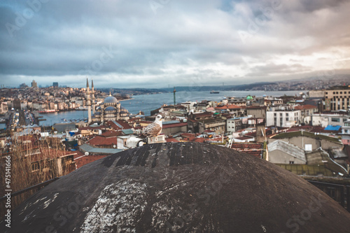 Oldest rooftop of Istanbul with view of historical part of the city in a morning