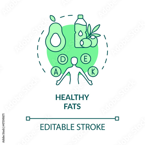 Healthy fats green concept icon. Organic products for wellbeing abstract idea thin line illustration. Isolated outline drawing. Editable stroke. Roboto-Medium  Myriad Pro-Bold fonts used