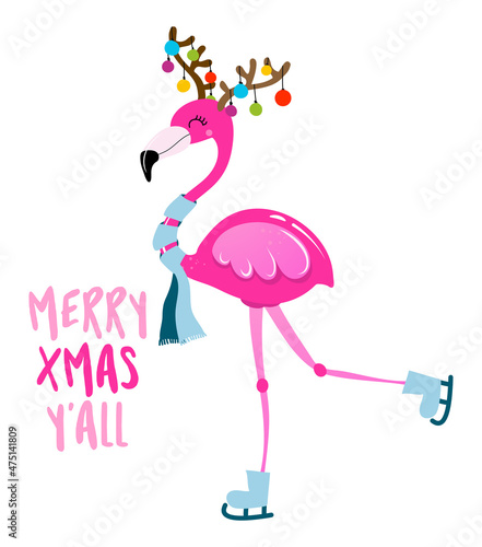 Merry Christmas Y'all - Calligraphy phrase for Christmas with cute flamingo girl. Hand drawn lettering for Xmas greetings cards, invitations. Good for t-shirt, mug, scrap booking, gift.
