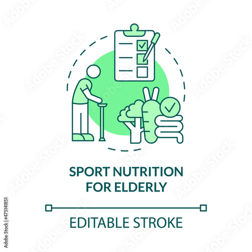 Sport nutrition for elderly green concept icon. Healthcare and activity abstract idea thin line illustration. Isolated outline drawing. Editable stroke. Roboto-Medium, Myriad Pro-Bold fonts used