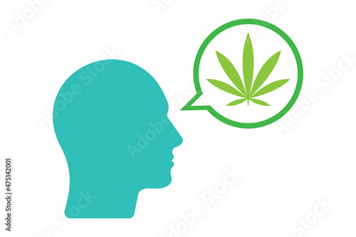 Head with a comic balloon and a marijuana leaf on white background for website, application, printing, document, poster design, etc. vector EPS10