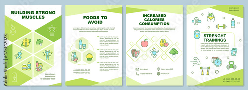 Building strong muscles tips green brochure template. Booklet print design with linear icons. Vector layouts for presentation, annual reports, ads. Arial-Black, Myriad Pro-Regular fonts used