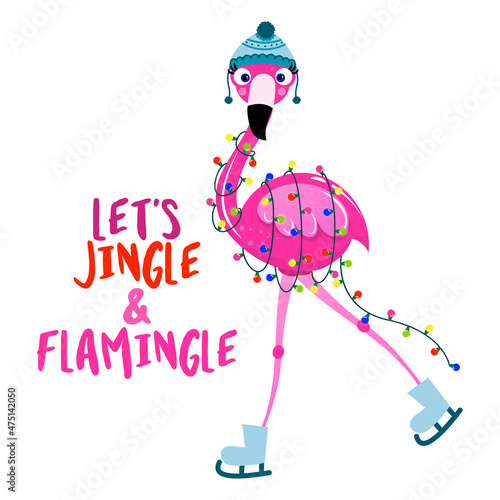 Let's jingle and flamingle - Calligraphy phrase for Christmas with cute flamingo girl. Hand drawn lettering for Xmas greetings cards, invitations. Good for t-shirt, mug, scrap booking, gift.