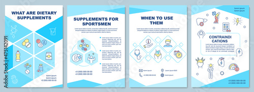 Dietary supplements blue brochure template. Fit lifestyle. Booklet print design with linear icons. Vector layouts for presentation, annual reports, ads. Arial-Black, Myriad Pro-Regular fonts used