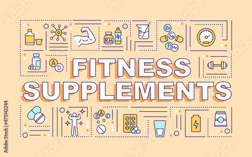 Fitness supplements word concepts beige banner. Healthy lifestyle. Infographics with linear icons on background. Isolated typography. Vector outline color illustration with text. Arial-Black font used