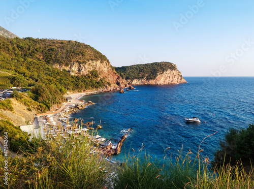 beautiful view of Galija Beach, Sveti-Stefan, Budva in Montenegro, Europe, Adriatic Sea and the Balkan Mountains